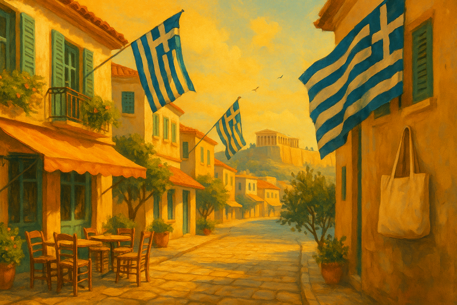 Digital painting of a sunny Greek street lined with whitewashed houses and blue shutters, Greek flags fluttering, café tables on cobblestones, and the Acropolis visible in the distance.