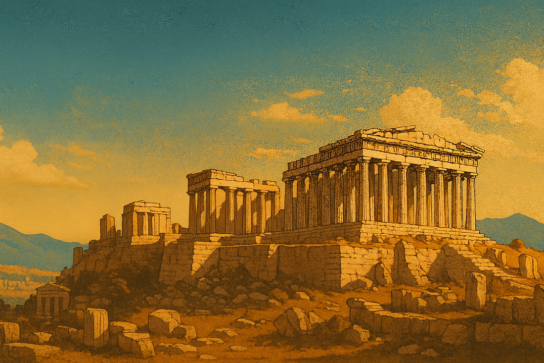 Digital illustration of the Parthenon ruins and nearby temples on the Acropolis at sunset, surrounded by rocky terrain and golden light under a blue Mediterranean sky.