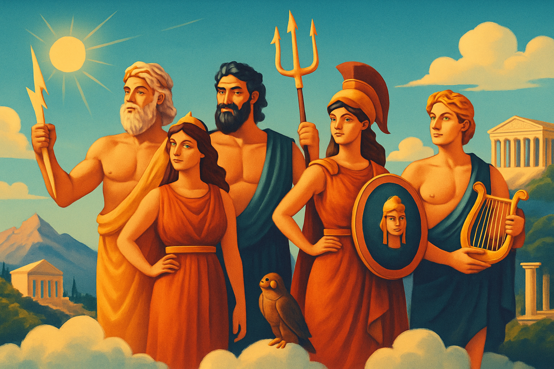 Vintage-style illustration of five Greek gods—Zeus, Hera, Poseidon, Athena, and Apollo—standing on clouds with Mount Olympus and classical temples in the background.