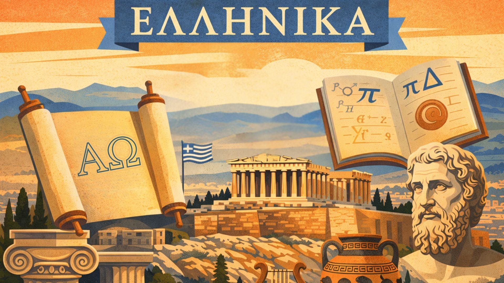 Vintage-style illustration symbolizing the Greek language, featuring classical architecture, ancient artifacts, and cultural symbols overlooking Athens.