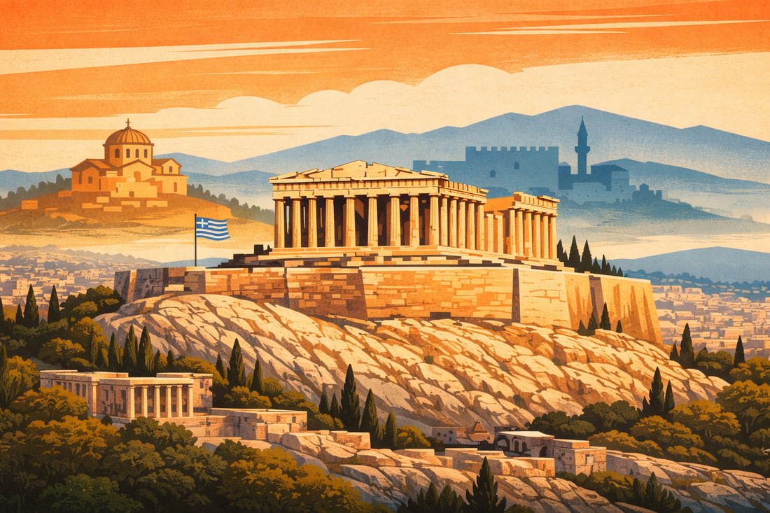 Landscape illustration of the Parthenon in Greece atop the Acropolis, shown in a vintage travel poster style with warm tones, layered hills, and the city of Athens in the background.