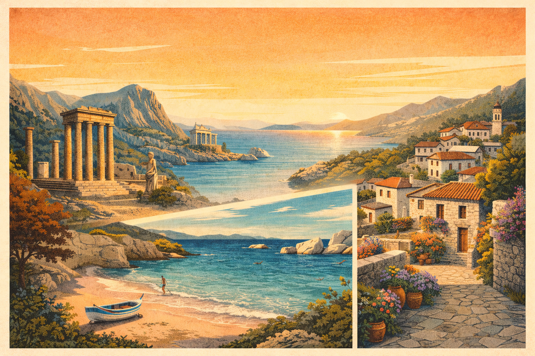 Artistic illustration depicting a Greece vacation with ancient ruins, coastal scenery, and a traditional village landscape.