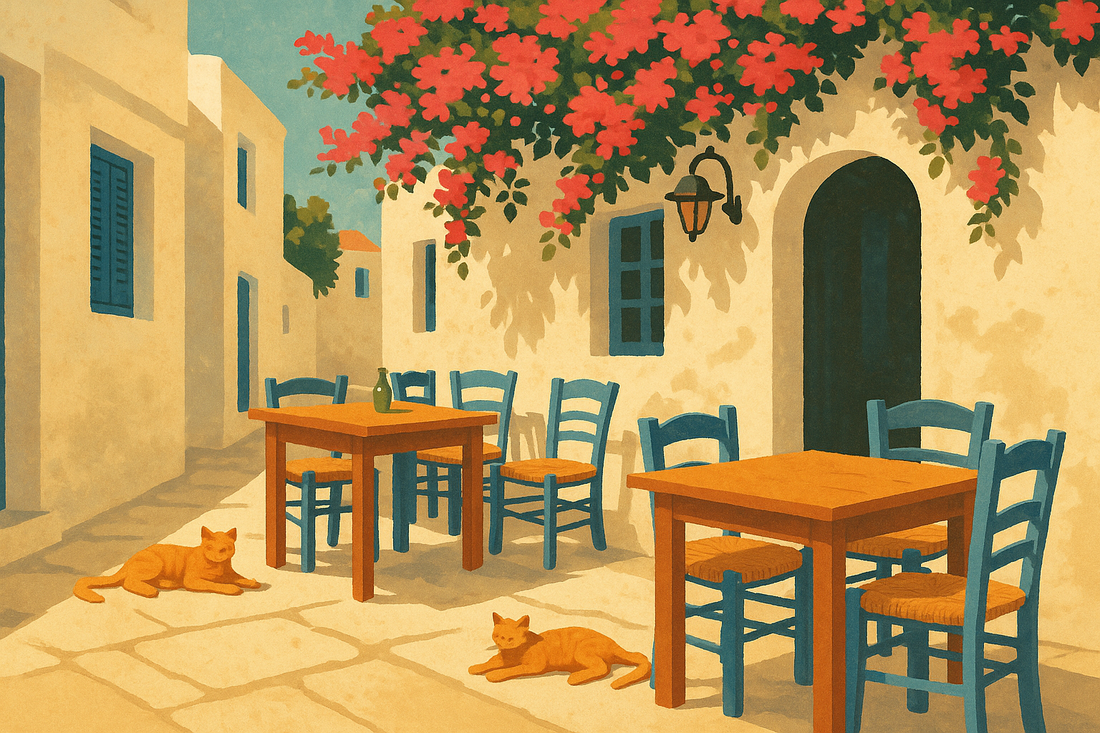 Vintage-style landscape illustration of a Greek taverna set in a narrow sunlit alley, with blue wooden chairs, simple wooden tables, whitewashed buildings, cascading pink bougainvillea, and two orange cats lounging on the stone path.