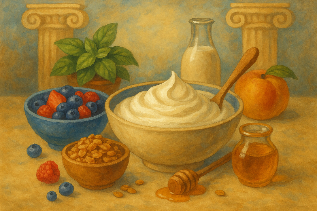 Landscape retro-style illustration of a bowl of Greek yogurt with berries, granola, honey, and classical Greek columns in the background.