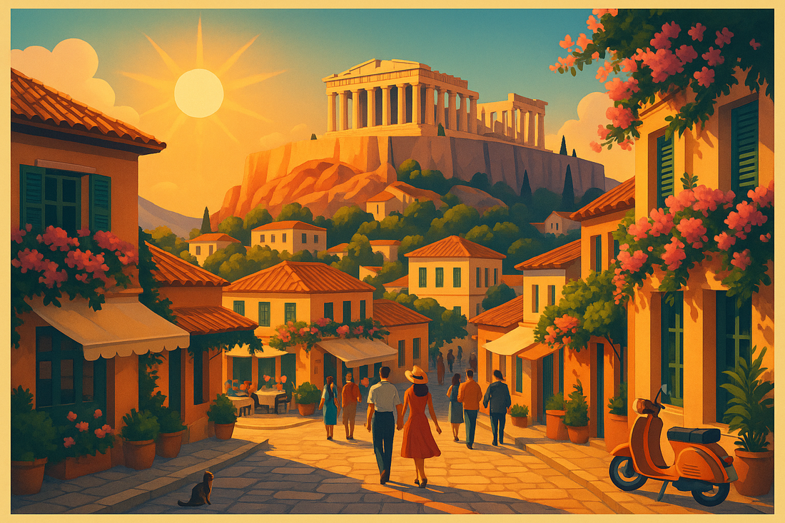 Retro 1960s-style illustration of Plaka in Athens, Greece, showing sunlit neoclassical homes, bougainvillea, people walking through narrow streets, and the Acropolis in the background.