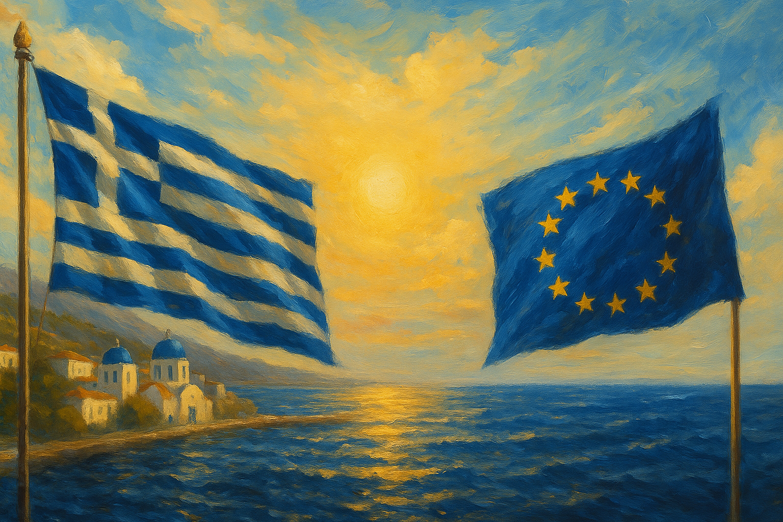 Greek and EU flags blending in the sea breeze over a sunlit harbor, symbolizing Greece joining the EU in 1981.