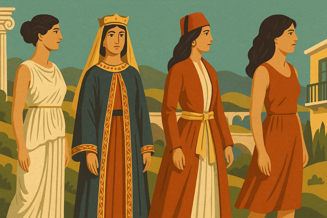 Vintage-style illustration showing four women representing different periods of Greek history, standing together in a landscape that reflects Greece across time.